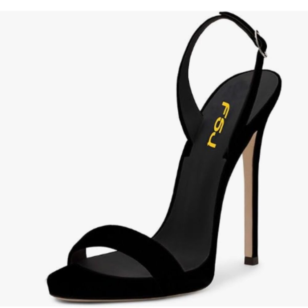 FSJ Black High Heel Open-Toe Slingback Sandals